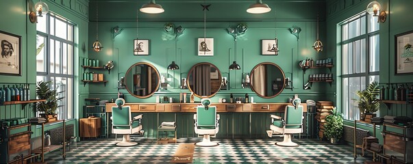 Create a visually stunning image of a mens barber shop, emphasizing the mint green color scheme and the modern aesthetic with hyperrealistic detail