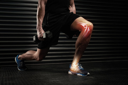 Man, leg and muscle skeleton for exercise with 3d anatomy, red glow and overlay dumbbell for fitness. Athlete, weightlifting and bones in joint or foot from training, workout and physical activity