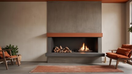 Cozy modern fireplace with a floating hearth made of wood and concrete. Close up