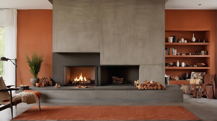 Cozy modern fireplace with a floating hearth made of wood and concrete. Selective focus - Powered by Adobe