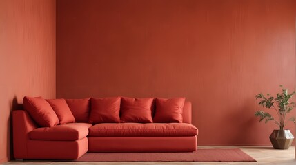 red modular corner sofa against a blank brown stucco wall with copy space. close up