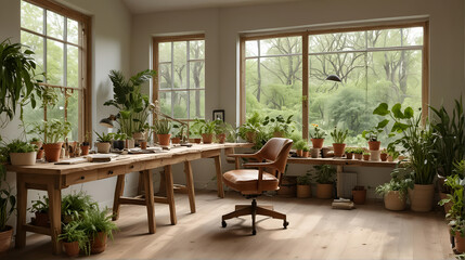 Fototapeta premium Eco friendly workroom with a comfortable chair, a large, natural wood desk, and a collection of plants and natural elements. Side view