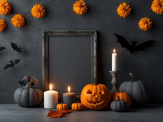 Halloween mockup design. Dark gray background with pumpkins, festive decor candles, photo or picture frames design. 3d rendering