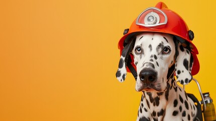  A Dalmatian dog wearing a firefighter helmet poster with copy space
