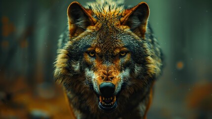 angry lone wolf walking alone in a forest path showing teeth front face ready to attack.stock photo