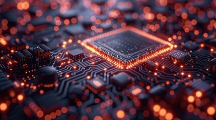 abstract technology background of a quantum computing system with processor and electronic circuit artificial neurons global data connections .illustration,stock photo