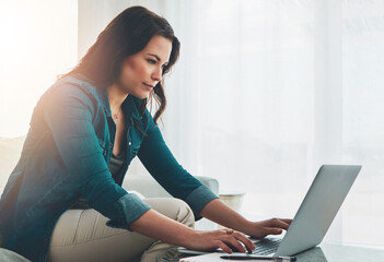 Woman, laptop and remote work in home, freelancer and checking email for job in living room on...