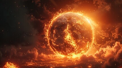 planet earth burning under the extreme heat of the sun conceptual illustration of global warming temperature increase in europe over heating of the world in climate change.illustration,stock photo