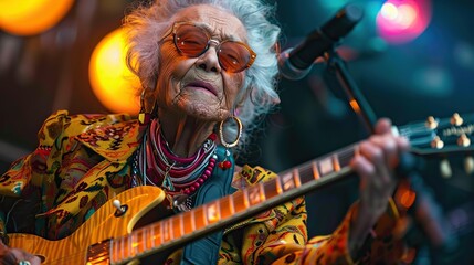 grandmother playing electric guitar and screaming a song on stage as a rock star dynamic senior lifestyle concept sunset of life in colors.stock photo