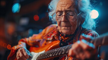grandmother playing electric guitar and screaming a song on stage as a rock star dynamic senior lifestyle concept sunset of life in colors.llustration graphic