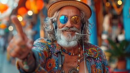 a happy hippie and cool grandfather original style and tattoos wearing headphones enjoying music pointing his fingers up active and fun lifestyle concept for seniors sunset.stock immage