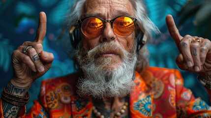 a happy hippie and cool grandfather original style and tattoos wearing headphones enjoying music pointing his fingers up active and fun lifestyle concept for seniors sunset.stock photo