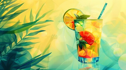 Craft a vector illustration of a tropical cocktail on a gradient background, featuring refreshing shades of green, yellow, and blue