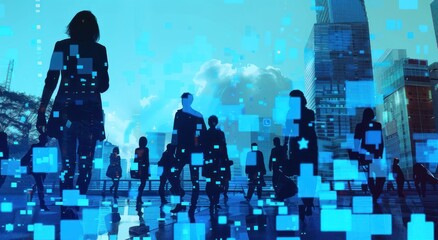 Digital collage of business people in silhouette, standing together against a background of city skyline and blue pixel pattern. Collaboration in a corporate environment.