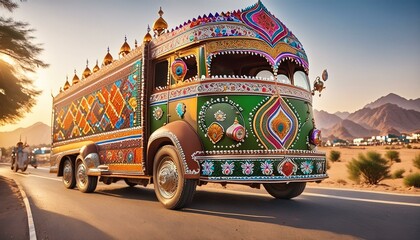 create a car on the theme of Pakistan truck art, must be decorated with precious ornaments on the road of lahore