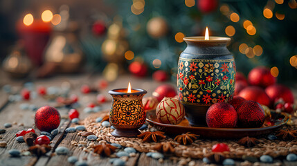 christmas still life with candle and decorations,
Top View Islamic New Year Concept
