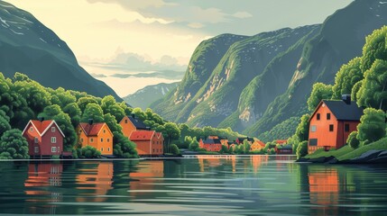 Illustration of Bergen Fjords, Norway

