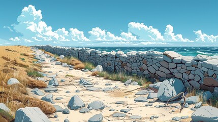 A beach with a wall of rocks and a wall of stone