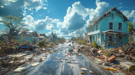 A destroyed street with a blue house in the background