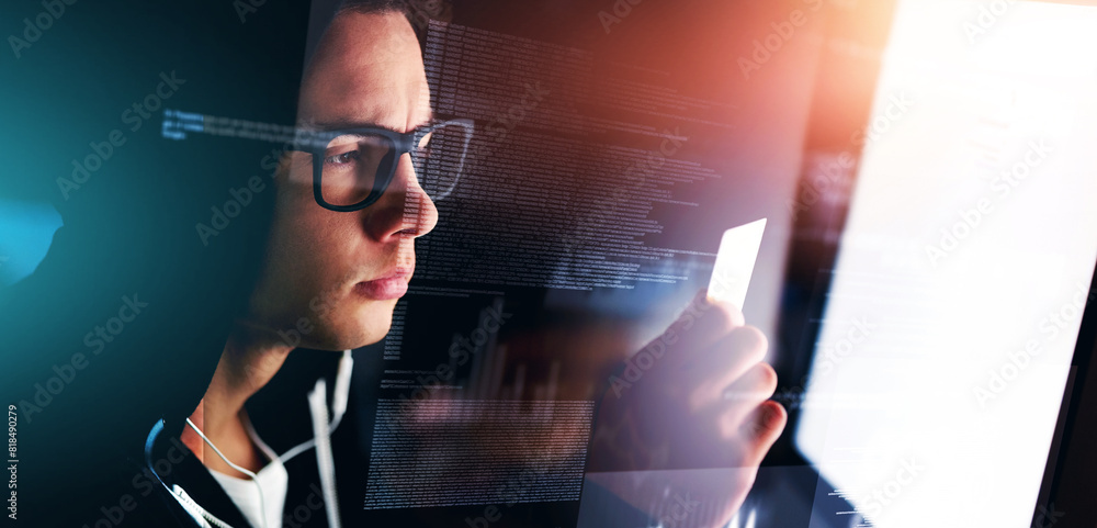 Poster hacker, credit card and screen for cybersecurity crime, digital money and online. technology, fraud 