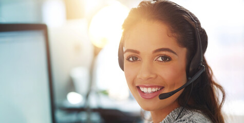 Call center, smile or portrait of happy woman at computer for customer service, help desk or consulting. CRM, mockup or ecommerce consultant in office for contact us, telemarketing or receptionist
