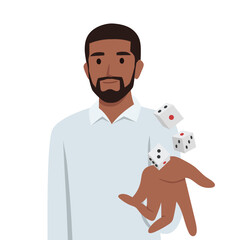 Man throws dice inviting you to visit casino and try your luck at roulette. Flat vector illustration isolated on white background