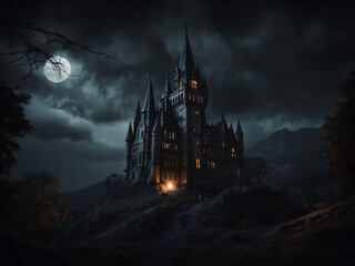 Naklejka premium Halloween Scene - Party Of Pumpkins And Zombies In Graveyard At Moonlight - Contain Moon 3D Rendering - Unrecognizable, Deformed, And Church with Reassembled Parts Design.
