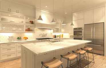 A modern kitchen with white cabinets, an island featuring a light grey marble countertop and stainless steel appliances