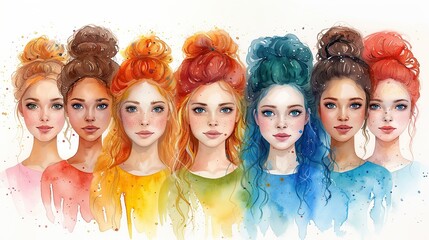 group of diverse young woman smiling together positive and united watercolor illustration on white background diversity concept.stock immage