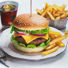 Cheeseburger and Fries Painting 