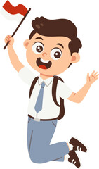 High school student in white gray uniform jumping holding indonesian flag, Back to school boy character