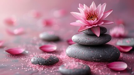 zen stones velvet sand and lotus flower on pink background witn copy space wellness and harmony massage and bodycare spa and wellness concept.stock photo