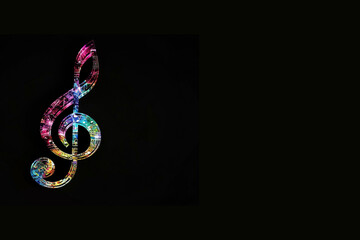 Colorful treble clef note on a solid black background isolated