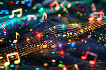 Colorful musical notes lit up in different colors against a black background. 