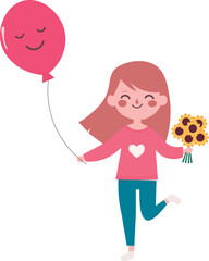 Happy girl holding sunflowers flowers and a balloon