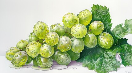 coloring book A bunch of fresh, green grapes with leaves.