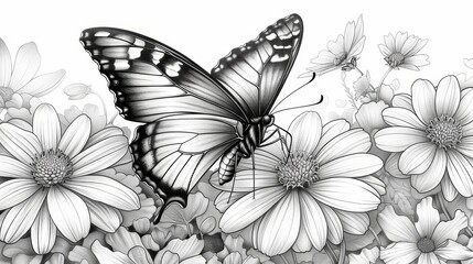 coloring book Black and white image of a butterfly on a flower.