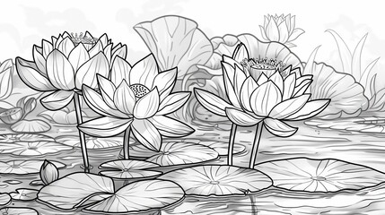 coloring book Black and white line drawing of water lilies.