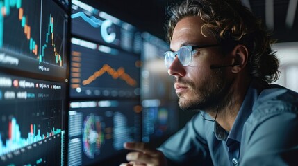 Businessman looks at graphs and charts showing market growth trends. Leverage this valuable information to inform strategic decisions and capitalize on emerging opportunities.