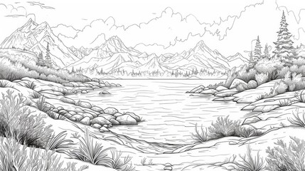 coloring book The image is a beautiful landscape with a lake, mountains, and trees. The water is calm and still, and the sky is clear. The scene is peaceful and serene.