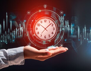 Futuristic time clock hand and clock face digital transformation abstract technology background. Business growth currency stock timer and investment economy.