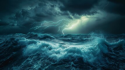 Naklejka premium Thunderstorm over ocean, lightning illuminates churning waves in dramatic contrast