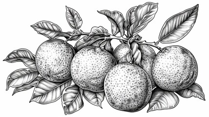 coloring book The image shows a detailed drawing of a branch of a citrus tree with leaves, flowers, and fruits.