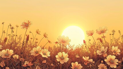 coloring book The image shows a field of flowers with a sunset in the background