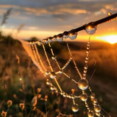 A close-up of dew drops on a spider web at dawn, each droplet reflecting the surrounding landscape.
