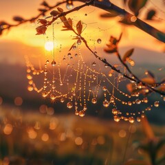 A close-up of dew drops on a spider web at dawn, each droplet reflecting the surrounding landscape.