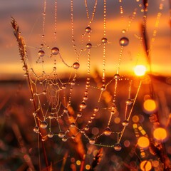 A close-up of dew drops on a spider web at dawn, each droplet reflecting the surrounding landscape.