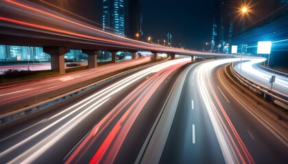 Fototapeta premium High speed urban traffic on a city highway during evening rush hour, car headlights and busy night transport captured by motion blur lighting effect and abstract long exposure photography