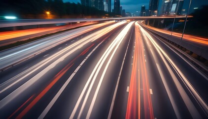 Fototapeta premium High speed urban traffic on a city highway during evening rush hour, car headlights and busy night transport captured by motion blur lighting effect and abstract long exposure photography