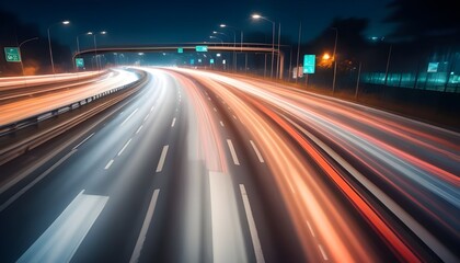 High speed urban traffic on a city highway during evening rush hour, car headlights and busy night transport captured by motion blur lighting effect and abstract long exposure photography